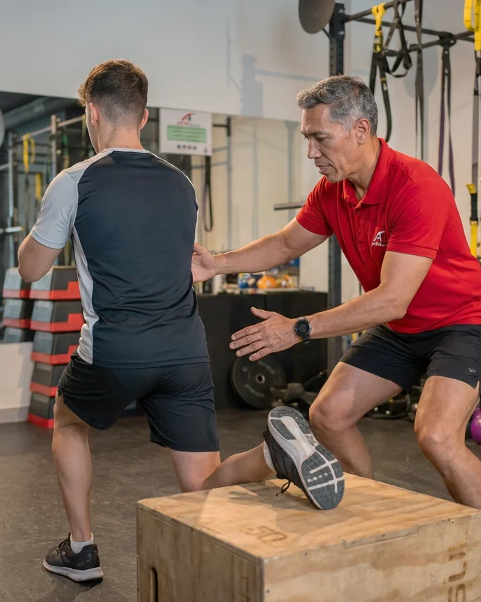 Entrenador personal guiando a un cliente en un ejercicio en AFullFitness Murcia